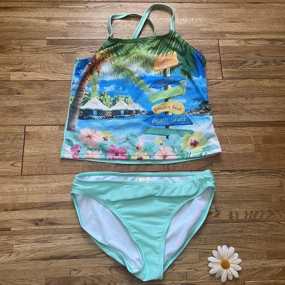 OP Ocean Pacific Mint & Multi-Color Mesh Hawaiian Tankini Swim Top And Bottoms X